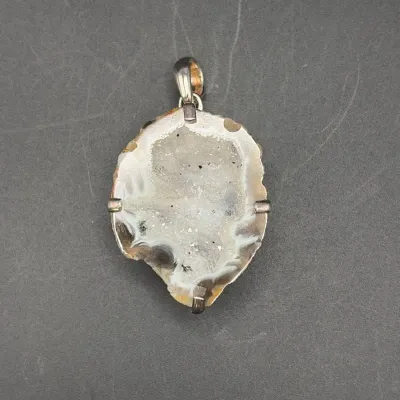 Natural Druzy Agate Geode Slice Pendant, 925 Silver Prong Setting