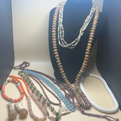 Earth-Tone Necklaces and Earrings | Brass, Wood, Glass, Plastic