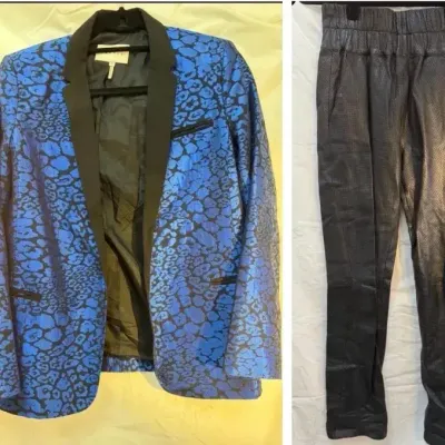 Sandro Blue-Black Tuxedo-style Blazer, Size 40 and Friend of Mine Perforated Leather Pants, Size 4