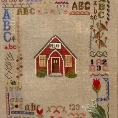 “Relay Schoolhouse” Needlepoint Embroidery Framed 10”x11”