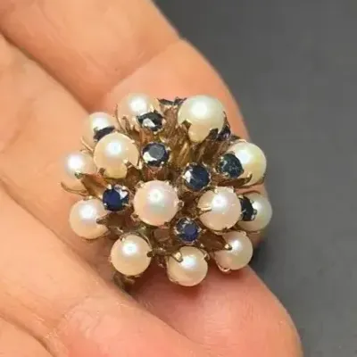 14k Gold Akoya Pearls Blue Sapphire Bombe Cluster Ring, 7.58g, Size 3/4 | MidCentury