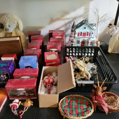 Sale Photo Thumbnail #18: Hallmark ornaments in boxes, a miniature winter house, and misc. holiday.