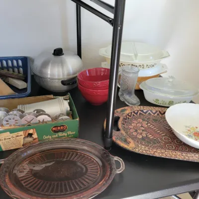 Sale Photo Thumbnail #63: Vintage kitchenware: Boxed Mirro Cooky and Pastry Press, Pyrex casserole dishes, pink depression glass platter