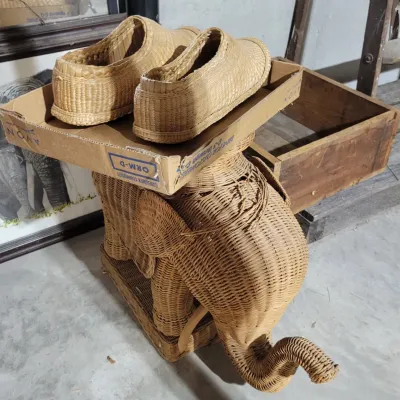 Sale Photo Thumbnail #171: Vintage woven wicker elephant-shaped plant stand or side table