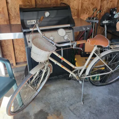 Sale Photo Thumbnail #202: Vintage Huffy Sahara 3-speed women's cruiser bicycle and a Weber Spirit gas grill.