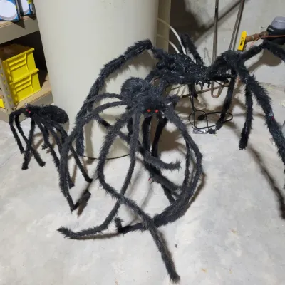 Sale Photo Thumbnail #155: Three oversized fuzzy black Halloween spider decorations 