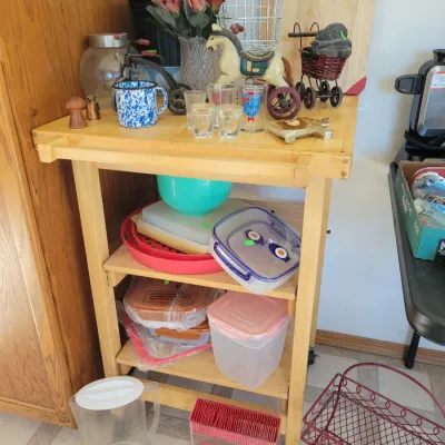 Sale Photo Thumbnail #69: Wooden rolling kitchen cart and other misc. kitchen items