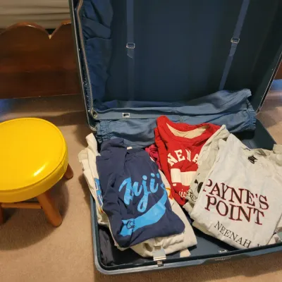 Sale Photo Thumbnail #118: Small stool, vintage t-shirts and suitcase