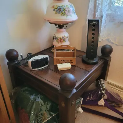Sale Photo Thumbnail #117: Vintage hurricane-style lamp and large end table 