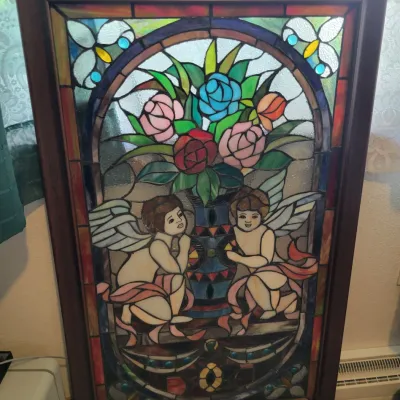 Sale Photo Thumbnail #80: Large framed stained glass panel 