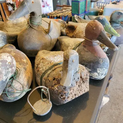 Sale Photo Thumbnail #189: Collection of vintage wooden and cork duck decoys 