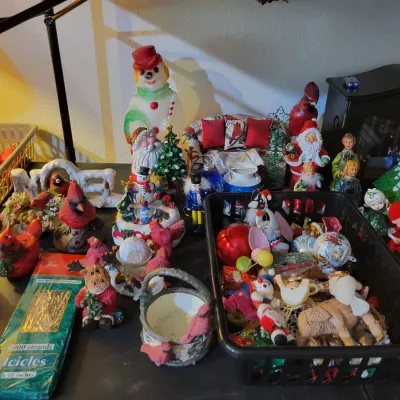 Sale Photo Thumbnail #41: Snowman blow mold, Santa figures, and ornaments.