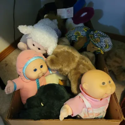 Sale Photo Thumbnail #99: Cabbage Patch Kids and various plush animals.
