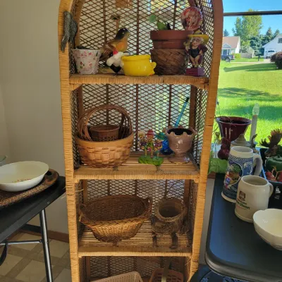 Sale Photo Thumbnail #62: Vintage bohemian-style arched wicker shelf, and misc. decor