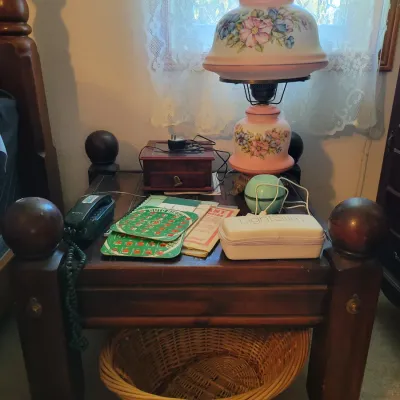 Sale Photo Thumbnail #120: Matching vintage hurricane-style lamp and large end table 