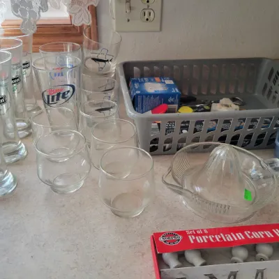 Sale Photo Thumbnail #52: Heineken and Miller Lite beer glasses, and other kitchen items