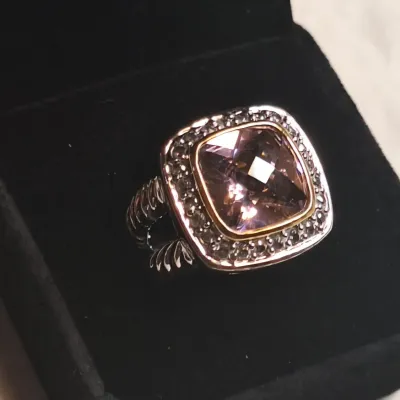 David Yurman Albion ring featuring a cushion-cut morganite or pink quartz stone set in sterling silver with 18k yellow gold trim and a...