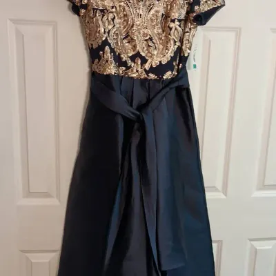 New W/ Tag R&M Richards NYC Navy/Gold Taffeta Ball Gown Size 16 - Sequin Top