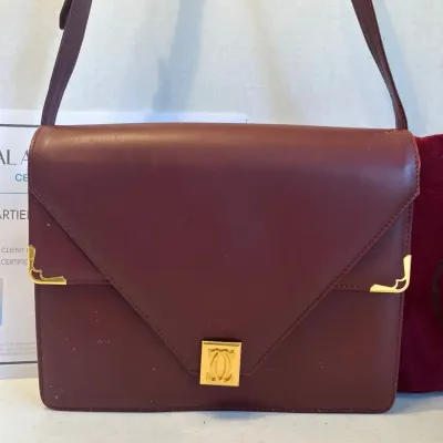 Vintage Cartier Authentic Leather Envelope Shoulder Bag Bordeaux