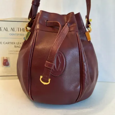 Vintage Cartier Authentic Leather Drawstring Bucket Bag 