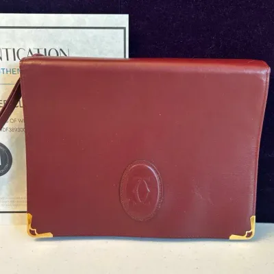 Vintage Cartier Authentic Leather Clutch Bag Bordeaux