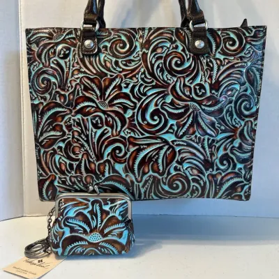 Patricia Nash Tooled Leather Handbag & Coin Purse Turquoise 