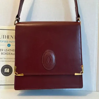 Vintage Cartier Authentic Leather Shoulder Bag Bordeaux