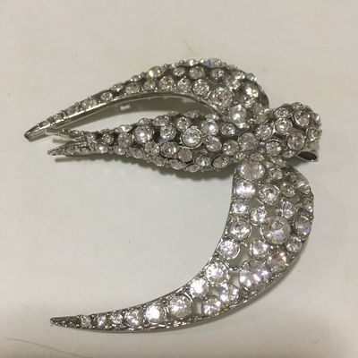Vintage French  silver-tone swallow bird hair  heavily embellished hair adornment with clear rhinestones in a pavé setting.
