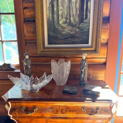 Sale Photo Thumbnail #3: Ornate marquetry bombe chest with PNW forest scene