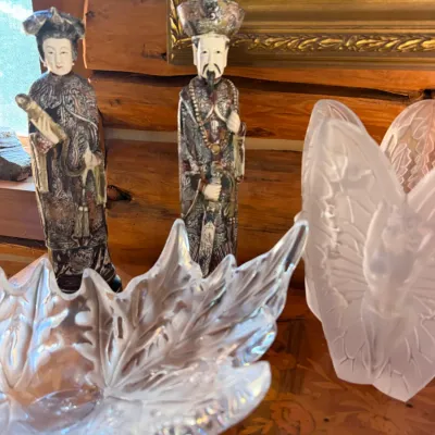 Sale Photo Thumbnail #2: Carved Chinese figurs with large Lalique bowls