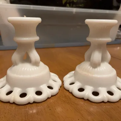 Sale Photo Thumbnail #158: Westmoreland Milk Glass Doric Lace Candlesticks
