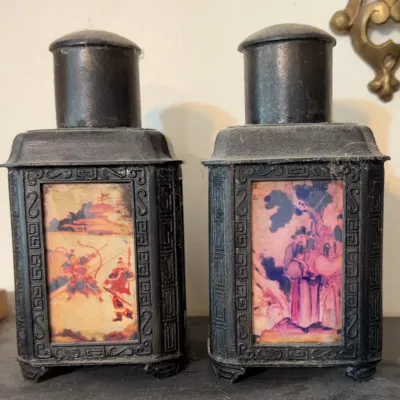 Sale Photo Thumbnail #276: Chinese Metal Tea Caddies w/Eglomise Panels Pair
