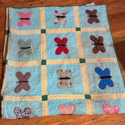 Sale Photo Thumbnail #135: Butterfly Patchwork Quilt w/ Applique Motif
