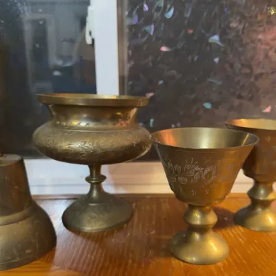 Sale Photo Thumbnail #5: Etched Brass Bell, Compote & 2 Goblets Set
