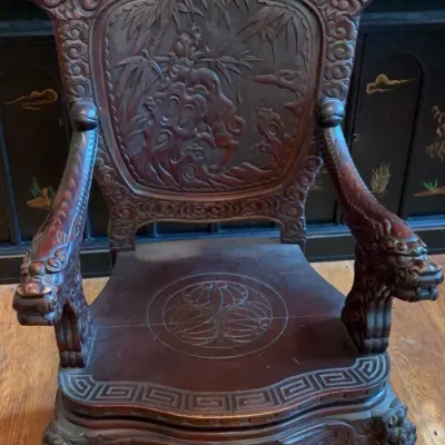 Sale Photo Thumbnail #180: Antique East Asian Carved Dragon Hardwood Armchair

