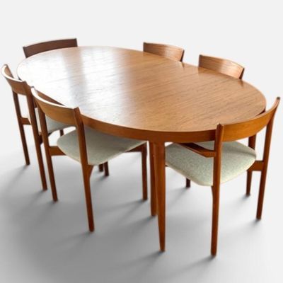 Sale Photo Thumbnail #2: MCM Danish teak expanding dining table w/ set/ 6 chairs by Skovmand & Andersen for Moreddi, exc original cond.