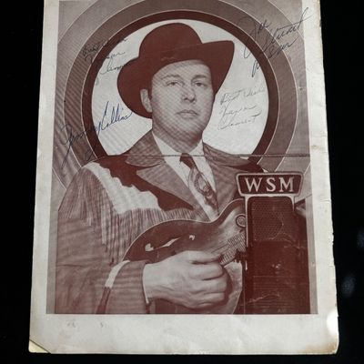 Sale Photo Thumbnail #48: Vintage autographed promotional photo of a country music artist with a WSM microphone, featuring multiple signatures including Jimmy Collins and Vassar Clements.