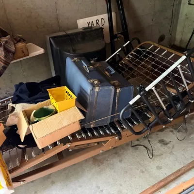 Sale Photo Thumbnail #13: Electric hospital bed frame, vintage suitcases & household items