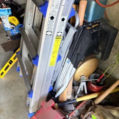 Sale Photo Thumbnail #75: Ladder, vintage air compressor, yard tools & garage inventory