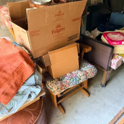 Sale Photo Thumbnail #74: Vintage suitcases, glider rocker & household goods