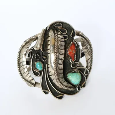 Sale Photo Thumbnail #3: Vintage Sterling Feather and Stone Cuff Bracelet

