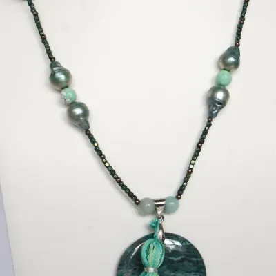 Sale Photo Thumbnail #28: Sea Green Agate, African glass & Cultured Pearl

