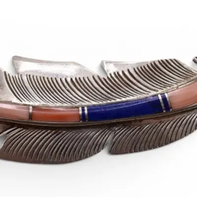 Sale Photo Thumbnail #108: Vtg Navajo 925 Billy Long Inlay Feather Pin- 8g
