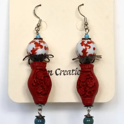 Sale Photo Thumbnail #203: Mixed bead Red and White Earrings
