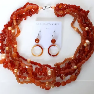Sale Photo Thumbnail #82: 5 Strand Premium Grade Carnelian & Cultured Pearls
