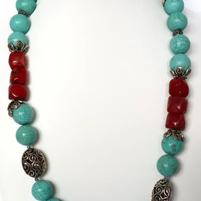 Sale Photo Thumbnail #2: Mangasite Turquoise, Red Coral Necklace

