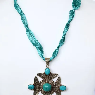 Sale Photo Thumbnail #194: Filigree Turquoise Cross Pendant Ribbon Necklace

