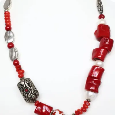 Sale Photo Thumbnail #94: Red BoHo Sari Silk Artisan Multi-Media Necklace
