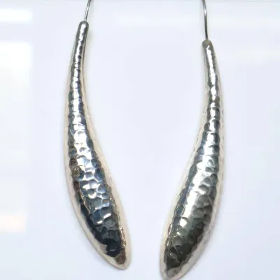 Sale Photo Thumbnail #152: Sterling 3" Curved Hammered Hollow Drop Earrings
