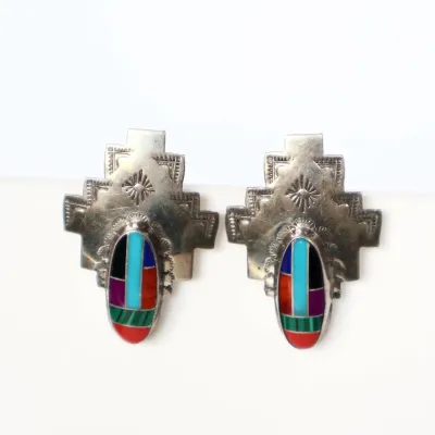 Sale Photo Thumbnail #8: Collectors: Vintage Multi-Stone Inlay Sterling Earrings